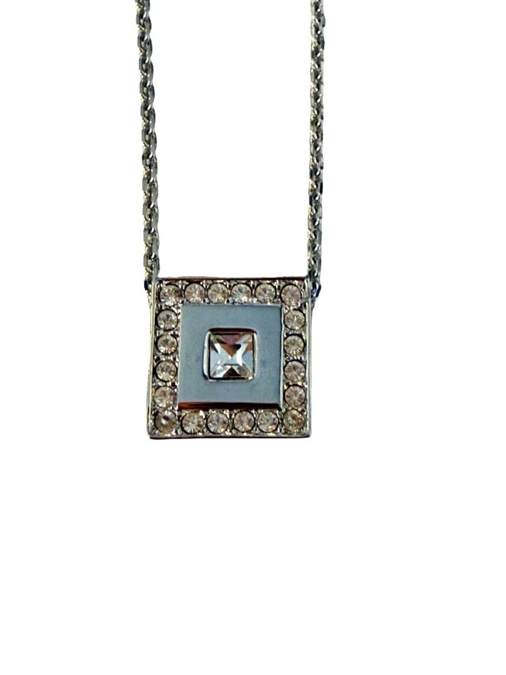 White House Black Market WHBM Silver Tone Rhinestone Square Pendant Necklace 16"